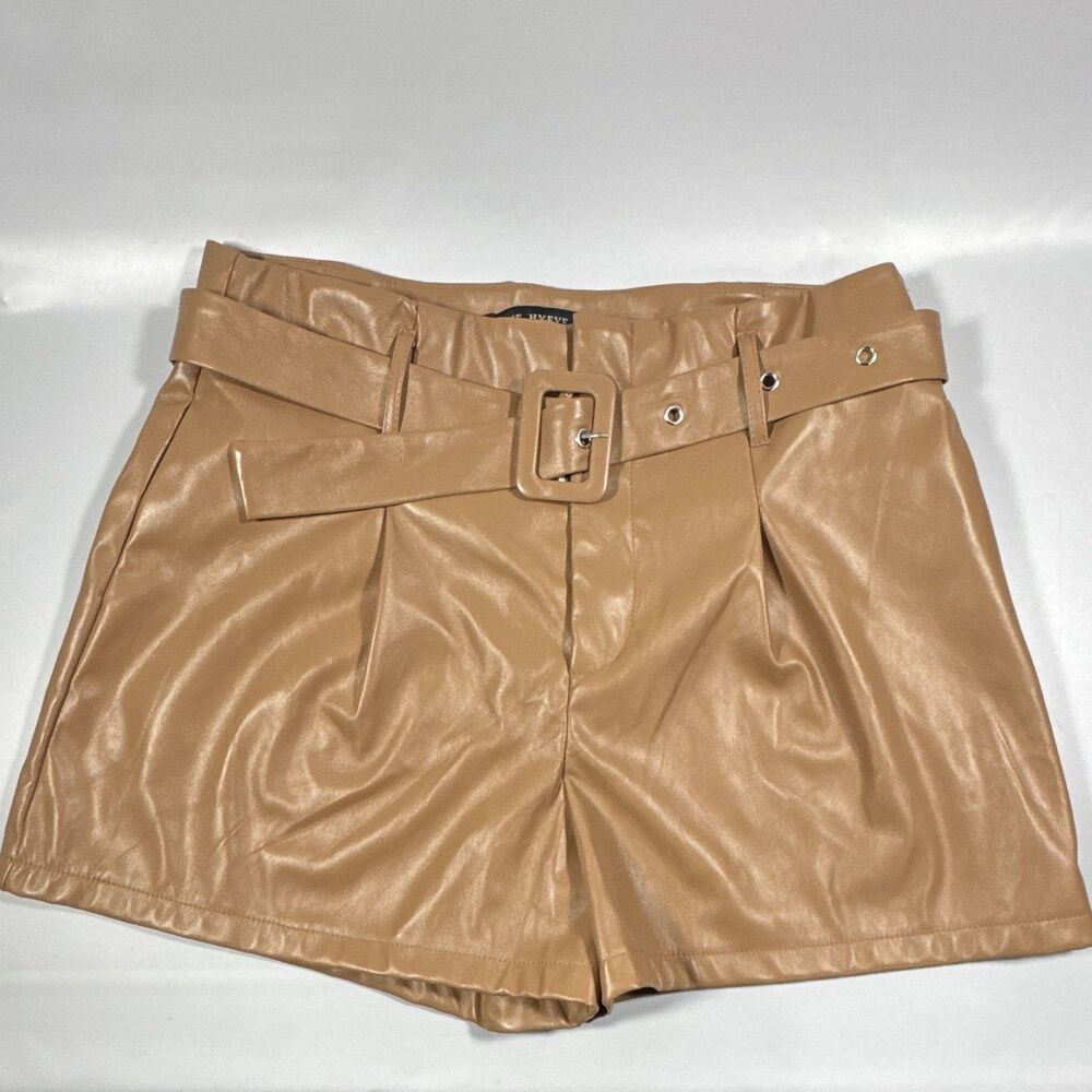 HYFVE Women's Faux Leather Paperbag Pleated High Rise Belted Shorts Tan L